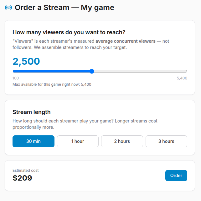 Ordering a stream: pick how many viewers you want with a slider